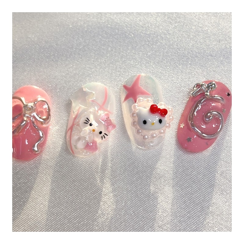 [Premium handmade embossed nail] Pink angel cat - Coffin Egg