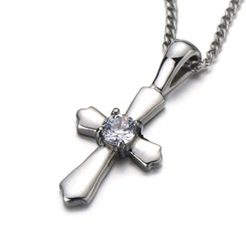COOLSTEELANDBEYOND Stylish Ladies Cross Pendant Necklace Stainless Steel with Cubic Zirconia and 20 Inches Chain