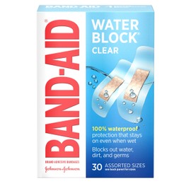 Band-Aid Brand Water Block Clear Waterproof Sterile Adhesive Bandages for First-Aid Wound Care of Minor Cuts and Scrapes, Assorted Sizes, 30 ct | Band-Aid