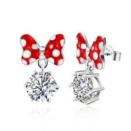 Big Red Bow Earrings Sterling Silver Red Mouse Bow Stud Earrings with Huge Sparkling CZ Dangle Earrings Cute Dainty Sweet Bowknot Earrings Lucky Cute Animal Stud Jewelry Gifts for Women Daughter Birthday