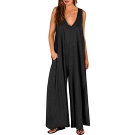 ANRABESS - Overol holgado para mujer, sin mangas, cuello en V, pierna ancha, pantalón largo, con bolsillos, Negro -, M