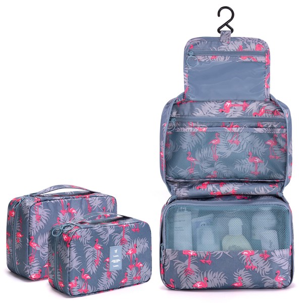 Hanging Travel Toiletry Bag, Ginsco 2 Pack Makeup Cosmetic Bag for Women, Portable Water Resistant Toiletries Bag for Travel, Makeup Organizer with 3 Compartments & 1 Sturdy Hook Flamingo