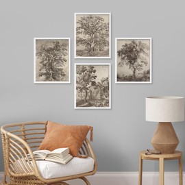SIGNWIN Framed Poster Forest Tree Sketches Sepia Duotone Wilderness Nature Illustrations Fine Art Decorative Country/Farmhouse Vintage for Living Room, Bedroom, Office - 12"x16"x 4 White