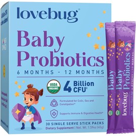 LOVEBUG Probiotics for Babies - Organic Baby Probiotics 6-12 Months for Baby Immune Support, Gas, Colic, Diarrhea & Infant Constipation Relief Sugar-Free, Tasteless Powder, 30 Pack