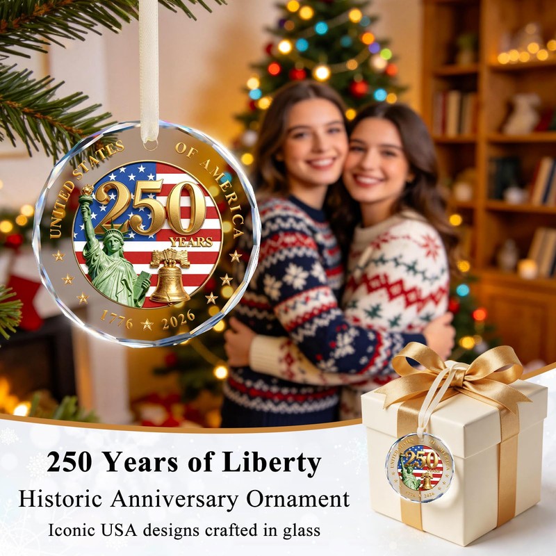 250 Anniversary USA Ornament, Crystal Glass Patriotic Christmas Ornament