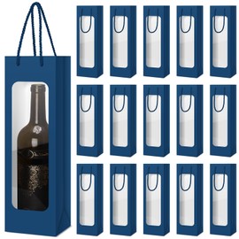 Tioncy 24 Pcs Wine Gift Bag Clear Window Wine Bags for Wedding Gifts Bottle Wine Bags with Handles Reusable Flower Wine Bags Bulk for Christmas Thanksgiving New Year Holiday Birthday(Business Blue)