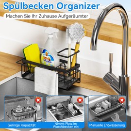 LYRIFFTIC Sink Organiser, Black, Sponge Holder, Sink, Kitchen Organiser with Towel Holder, Cleaning Agent Organiser, Hanging, No Drilling, Full Functionality Dish Cloth Holder