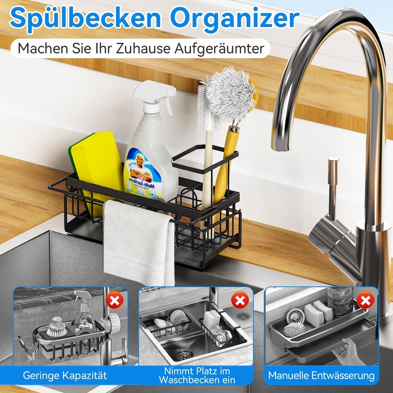 LYRIFFTIC Sink Organiser, Black, Sponge Holder, Sink, Kitchen Organiser with