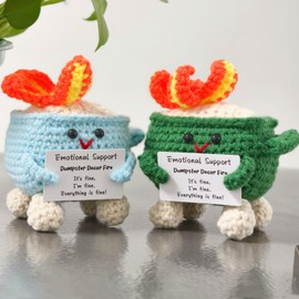 Levvohd Emotional Support Dumpster Decor Fire, Funny Handmade Crochet Dumpster Knitting Doll, Cute Desk Accessories for Women Office (Green+Blue)