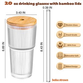 Dingerjar 20 oz Ribbed Glass Tumblers with Bamboo Lids and Straws, 2 Pcs Wide Mouth Thickened Vintage Glass Cup for Boba, Iced Coffee, Juice