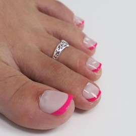 Press on toenails for women, ANYOS short french tip fake toe nails, solid square press on toes nails,24 pcs glue on toe nail press ons with 2 pack 48pcs jelly stickers and 1 glue (hot pink fench tips)