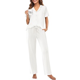 Ekouaer Pajamas for Women Set Button Up Sleepswear 2 Piece Short Sleeve PJ Top and Long Pants Loungwear With Pocket White L