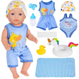 9pc Doll Clothes Accessories Set Include Romper, Bikini, Hat, Towel, Blanket, Nipple, Bottle, Swim Ring, Duck Toys For 43cm / 17inch Baby Dolls (No Doll)