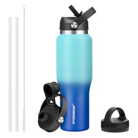 HYDROWION 32oz Water Bottle, Double Wall Vacuum Stainless Steel Insulated Water Flask with Straw Lid, Spout Lid and Flex Cap(Cold for 48 Hrs, Hot for 24 Hrs), Leakproof Travel Thermo Mug, Mint&Cobalt