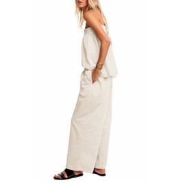 MISSACTIVER Women's Two Piece Outfit Strapless Tube Top and Beach Wide Leg Pants Set 2 Piece Lounge Set with Side Pockets Beige