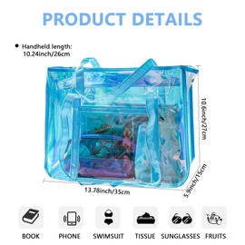 Holographic Clear Beach Bag with Zipper -13.78 x 10.6 x 5.9 inches Waterproof TPU Tote for Women, Travel & Pool Accessories for Beach, Pool, Travel, Cruise, Gym(1-Pack)