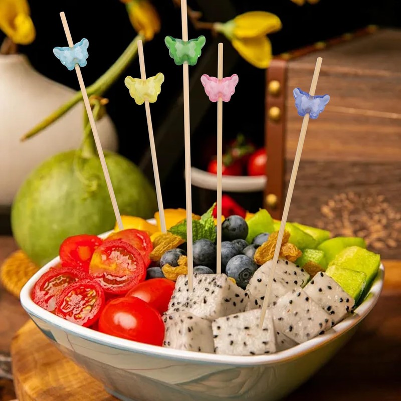 100 PCS Disposable Butterfly Fruit Picks, Bamboo Skewer Flower Picks,