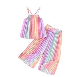BEAUDRM Girl's 2 Piece Cute Outfits Rainbow Outfit Pleated Spaghetti Strap Crop Top and Wide Leg Pants Sets