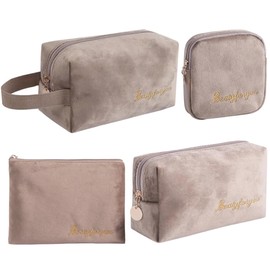 Hiro World Trade Makeup Pouch, 4-piece Set, Velour Material, Cute Makeup Pouch, Women's Cosmetic Pouch, cream