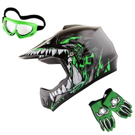 WOW Youth Kids Motocross BMX MX ATV Dirt Bike Helmet Dragon Green + Goggles + MG Youth Green Glove Bundle