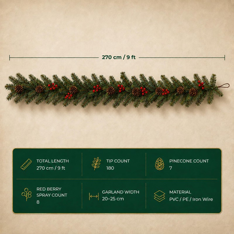 9 FT Artificial Christmas Garland with Berry and Pinecone Accents