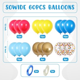 Red Blue Yellow Balloons, 60pcs 12 Inch Royal Light Blue Yellow Red Confetti Colorful Latex Party Balloons for Theme Birthday Decorations Party Baby Shower Supplies