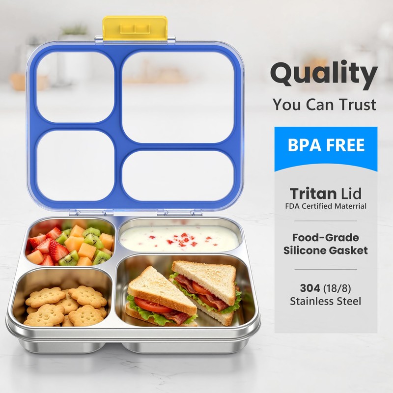 HOMEKOL Stainless Steel Bento Lunch Box: 4-Compartment Leak-Proof Lunch Container