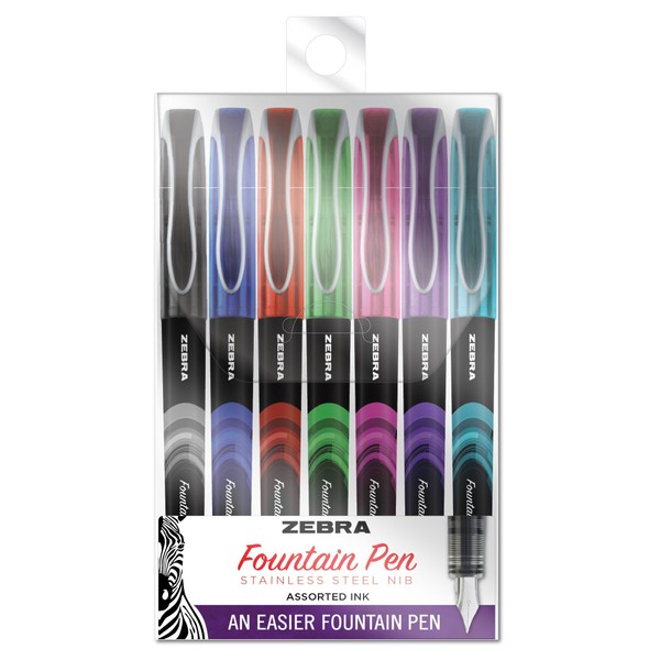 Zebra Fountain Pen, Fine 0.6 Mm, Assorted Ink Colors, Assorted, 7/pack