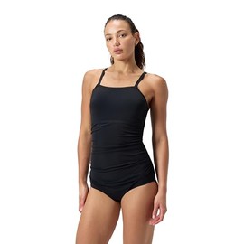 Speedo Women's Fitness Adjustable Thick Strap Solid Shirred Tummy Control One Piece Swim Suit - Speedo Black, 18