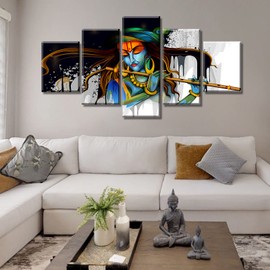 DJSYLIFE Large 5 Piece Hindu God Krishna Wall Decor Canvas Printed for Living Room Decorative Indian Painting Modern Home Decor Stretched and Framed Ready to Hang 60" Wx32 H