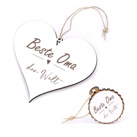 Grandma Heart Sign Made of Wood + Pendant with Engraving Beste Oma Heldin - Mother's Day Decoration Gift Set (Best Grandma in the World)