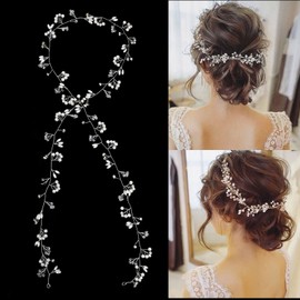 Wedding Bridal Hair Vine Flower Hair Accessories 100 cm Silver Bridal Hair Vine Headpiece Crystal Beads Hairpiece Headband Handmade Wedding Beads Hair Wire Accessories for Women Bridesmaid