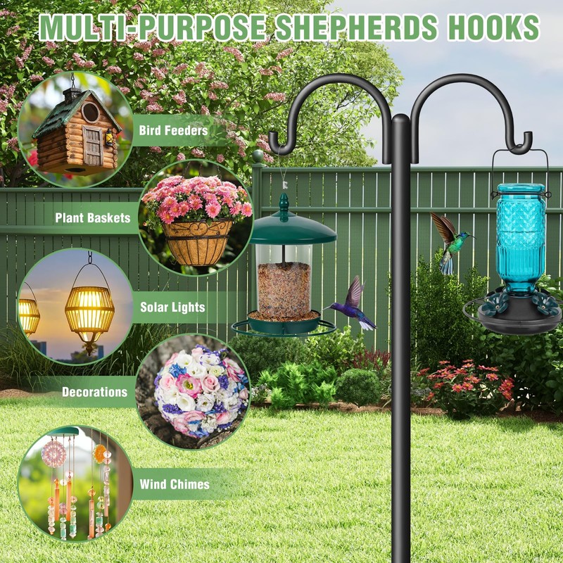 Double Shepherds Hooks for Outdoor, Heavy Duty Bird Feeder Pole