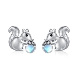 Animal Earrings Sterling Silver Moonstone Squirrel Acorn Ear Earrings Stud Cute Squirrel Jewellery Gifts for Women and Girls, Sterling Silver