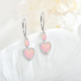 FYNSBLE Pink Heart Opal Earrings for Women Sterling Silver Gemstone Leverback Earrings Hypoallergenic Jewelry for Women