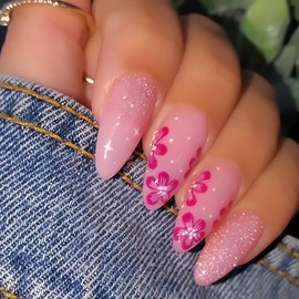 OHWODA Pink Floral Press on Nails, Almond Shape Fake Nails, Glitter and Flower Design Glue on Nails, Long Length Pink Cherry Blossom Stick on Nails for Women, 24 Pieces