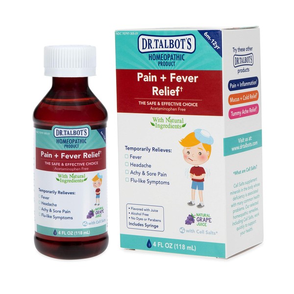 Dr. Talbot's Pain + Fever Relief Liquid Medicine with Natural Ingredients for Children, Includes Syringe, Grape Juice Flavor, 4 Fl Oz