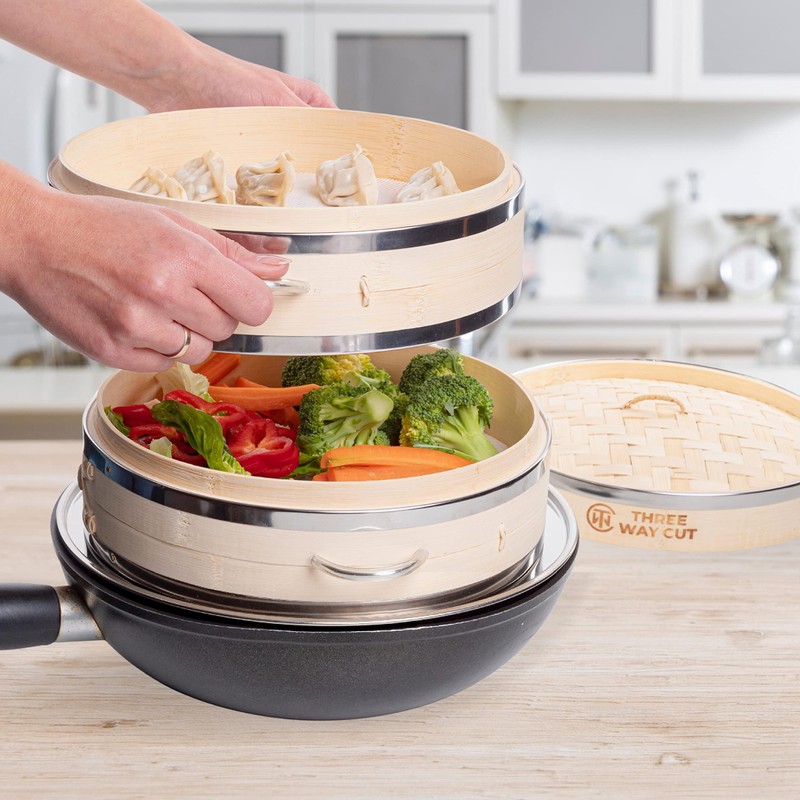 Dumpling Bamboo Steamer 10 Inch 2 Tier Wooden Basket With