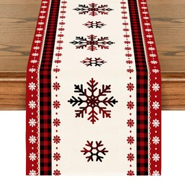 ASANMEYO Linen Red Christmas Table Runner 72 Inches Long Seasonal Winter Christmas Xmas Holiday Farmhouse Style Red Snowflake Table Decoration
