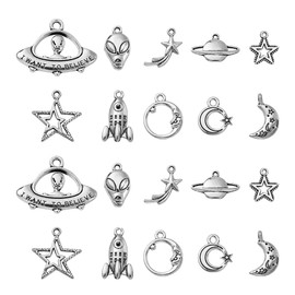 Ornazy 100 pcs 10 Styles Tibetan Space Charms Antique Silver Moon Star Spaceship Alient Charms Vintage Universe Charms for Jewellery Making Bracelets