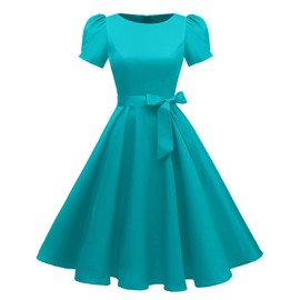 tagunop Women's Boatneck Vintage 1950s Cocktail Party Dress with Puff Sleeves Turquoise M