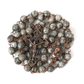 Nazareth Store Vintage Natural Stone Beads Rosary 8mm Necklace Holy Earth Medal Cross Crucifix Religious Rosaries (Map Stone)