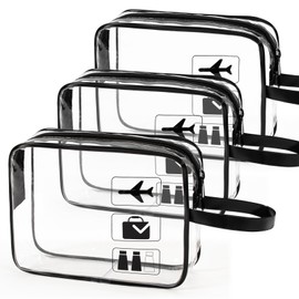 Clear Toiletry Bags for Travel, Airport Security Liquids Bags, TSA Approved Toiletry Bag with Zipper and Hand Strap, Travel Accessories Cosmetic Makeup Bags for Women and Men (Black)