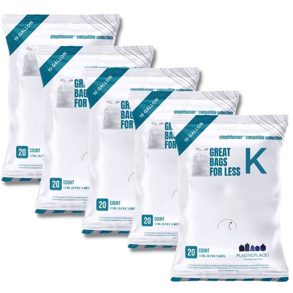 Plasticplace Custom Fit Trash Bags, Compatible with simplehuman Code K Packs, White Drawstring Garbage Liners 10 Gallon, 24'' x 28'' (20 Count/5 Pack)