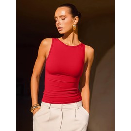 OQQ Womens Sleeveless Crew Neck Tank Top Casual Basic Cotton Fitted Stretch Clothes Outfits 2025 Red