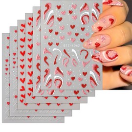 Valentine's Day Nail Art Stickers with Red Heart Design Valentine's Day Nail Sticker 3D Adhesive Romantic Red Heart French Glitter Nail Tip Valentine's Day Exquisite Nail Decor for Women 6PCS