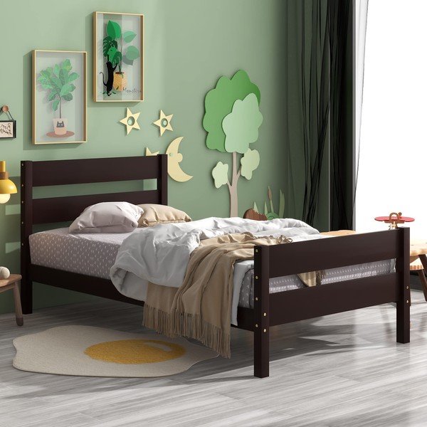 HomSof Twin Bed with Headboard and Footboard, Espresso