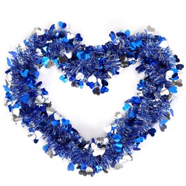 Riceshoot 33 ft Valentines Heart Tinsel Garland Glitter Blue Silver Heart Metallic Hanging Garland Valentines Day Decoration for Home Wedding Anniversary Party Decor
