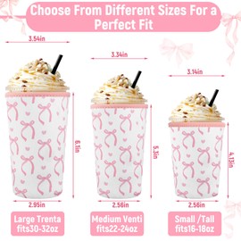 SiliFine 3 Pack Reusable Coquette Bow Sleeves for Iced Coffee Cup Neoprene Pink Coffee Sleeve Insulated Neoprene Cup Holder for Cold Beverages Iced Hot Drinks(Bow and Heart)