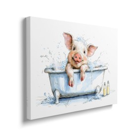 Pig Bathroom Canvas Wall Art Funny Animal Pig in Bathtub Pictures Painting Modern Artwork For Toilet Laundry Washroom Restroom Framed Wall Decor 12"x16"
